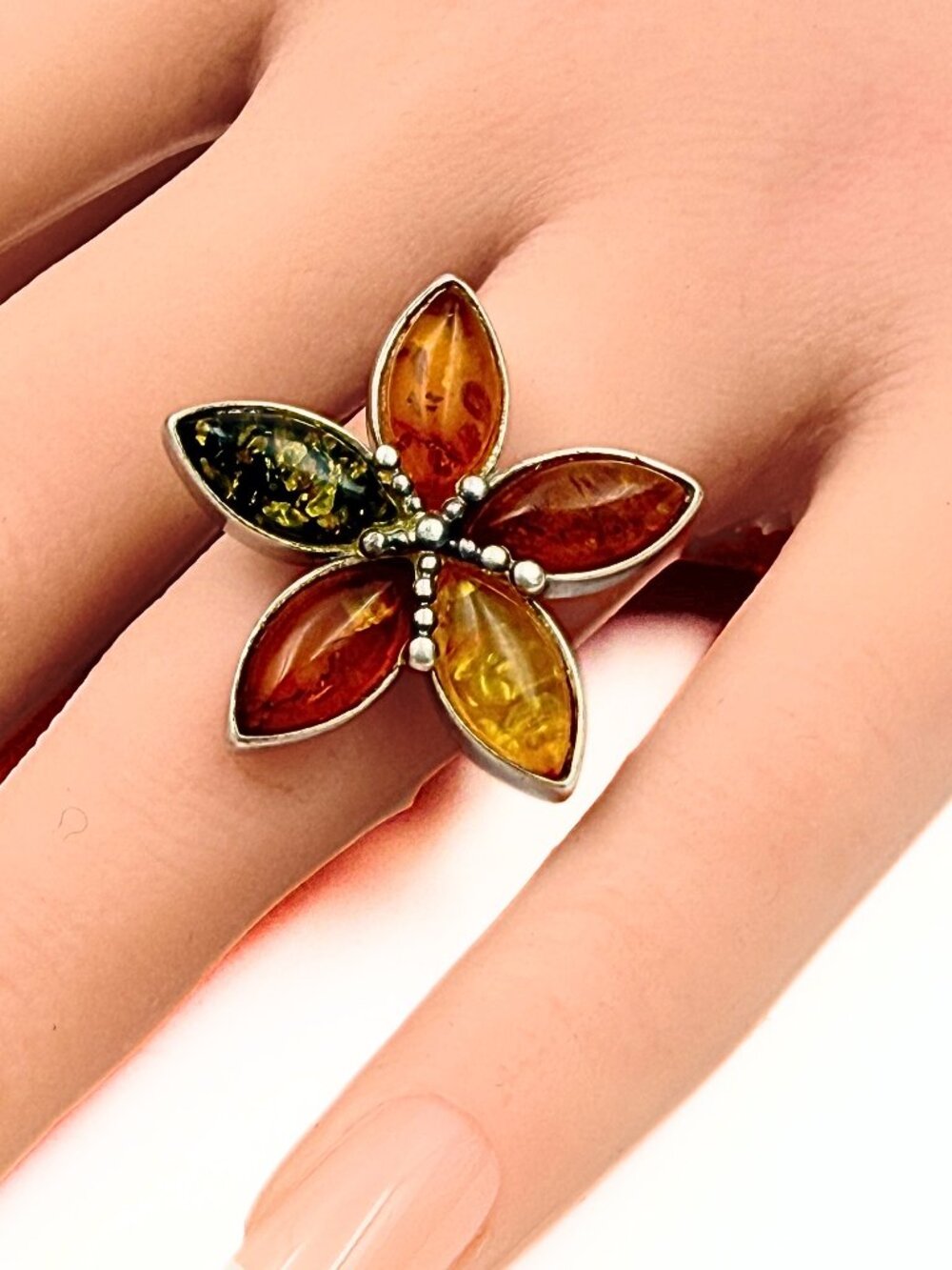 Dainty Marked Sterling Silver Amber Floral Cocktail Ring Sz 6.5